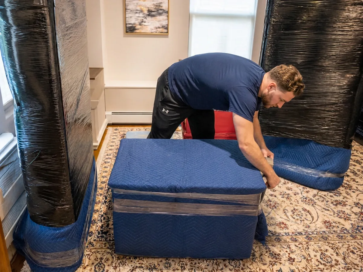 Next Phase Moving crew member wrapping and protecting furniture inside a customer's home