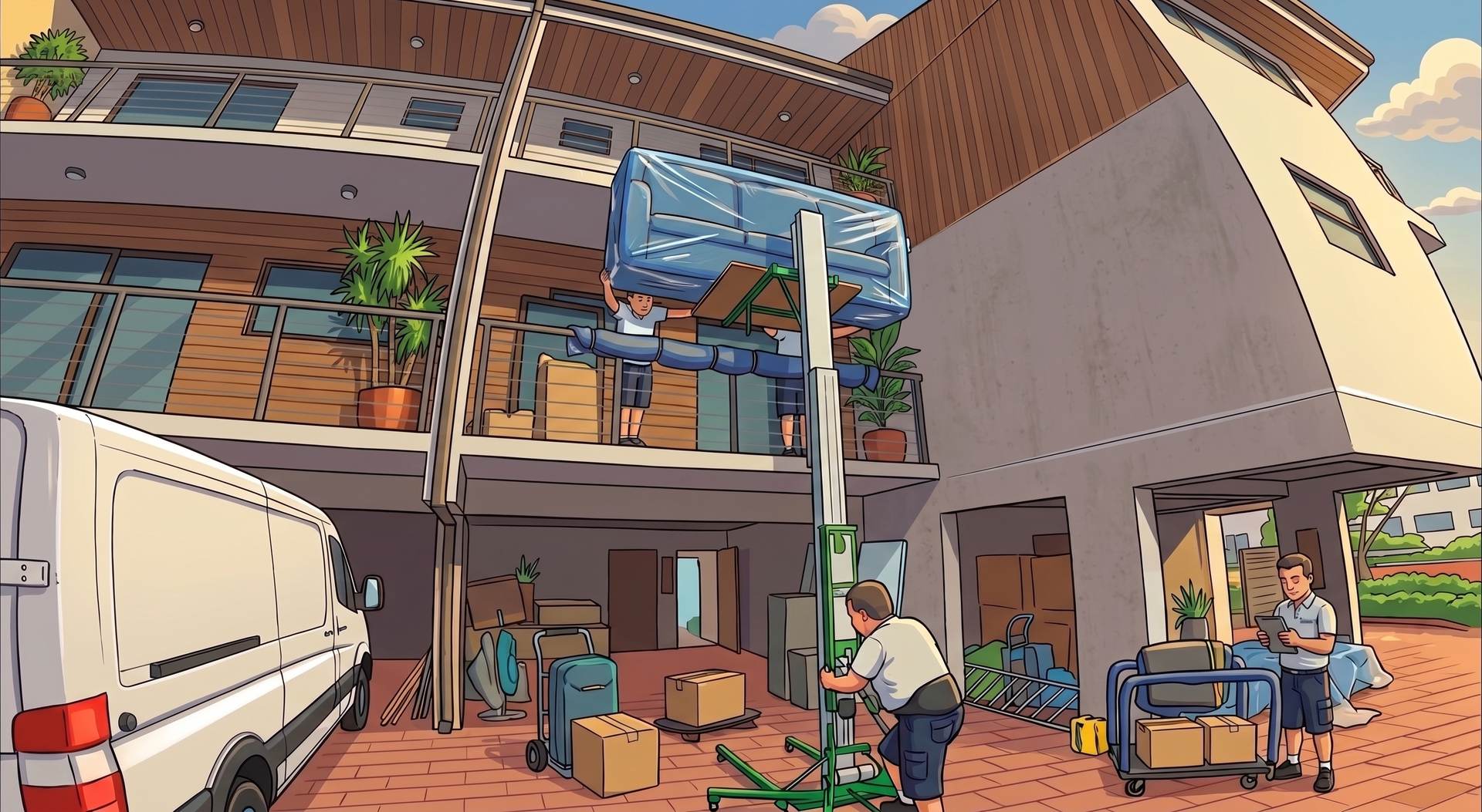 Next Phase Moving crew hoisting a plastic-wrapped sofa up to a second-floor balcony with a furniture lift