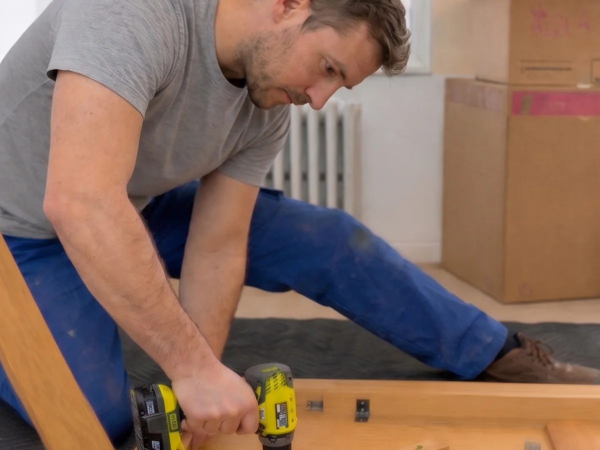 Next Phase Moving crew member assembling furniture in a customer's home