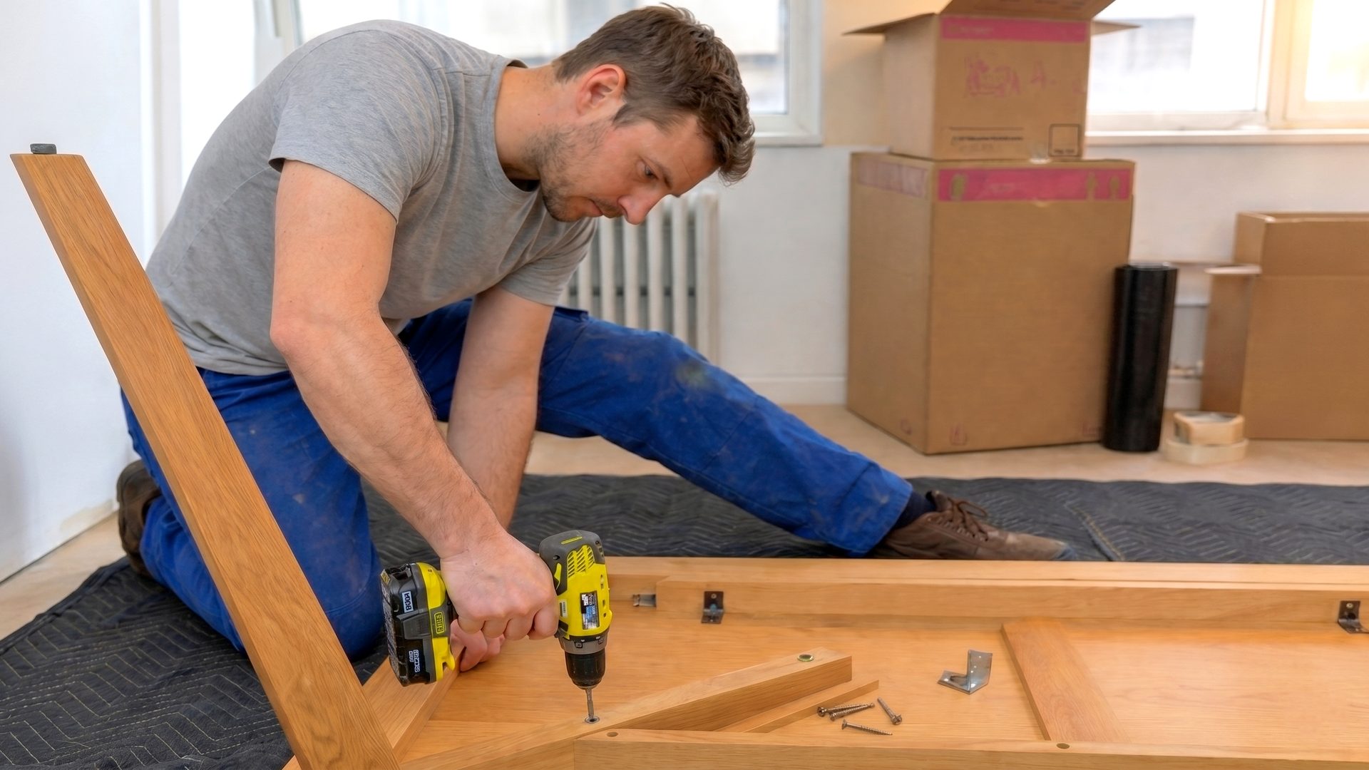 Next Phase Moving crew member assembling furniture in a customer home