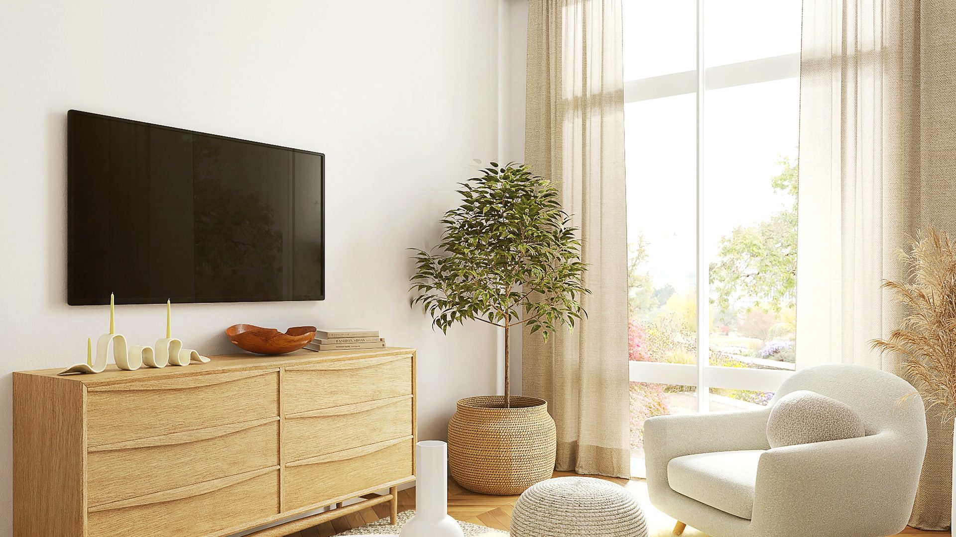 Flat screen TV mounted level on a living room wall with the cables hidden