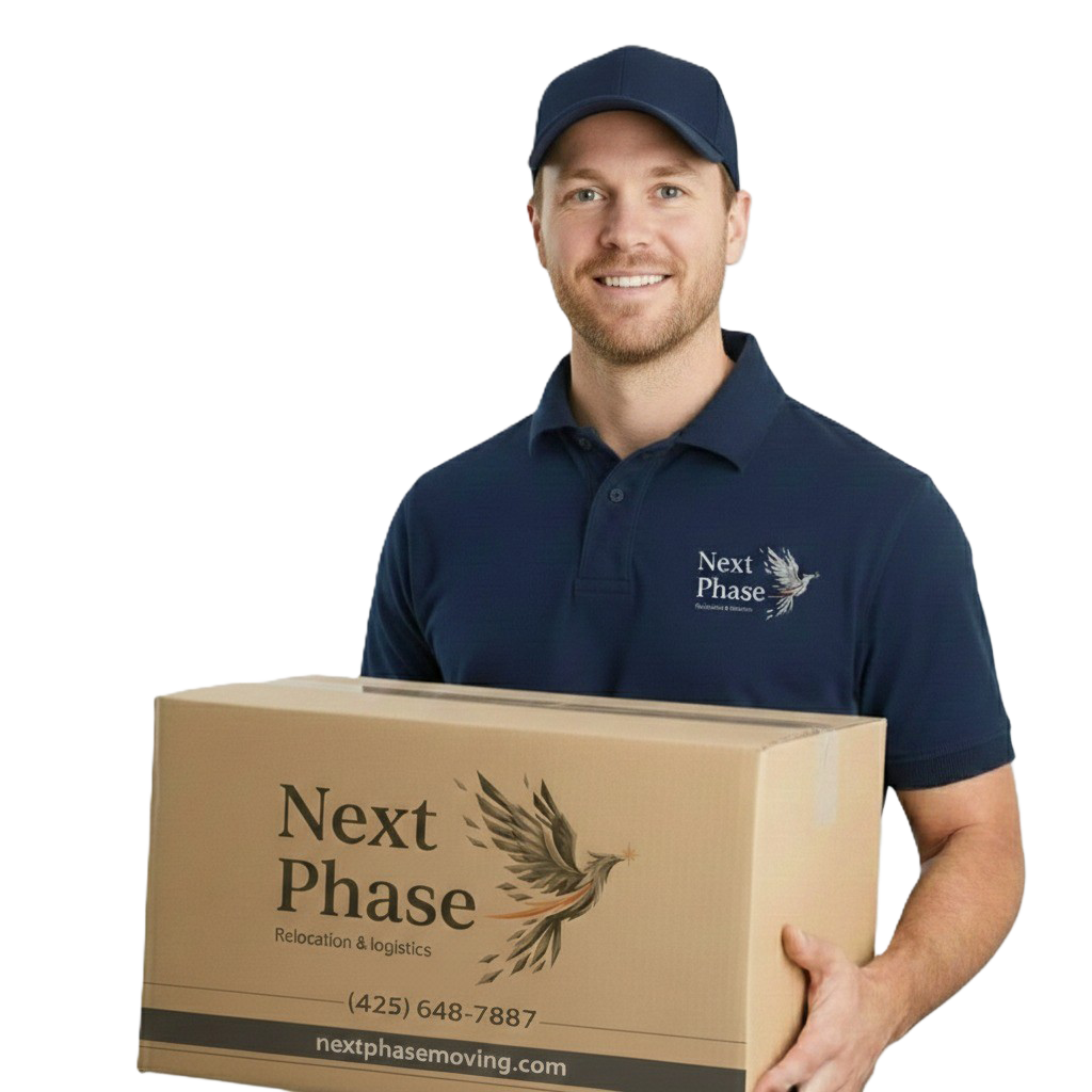 Next Phase Moving crew member holding branded box
