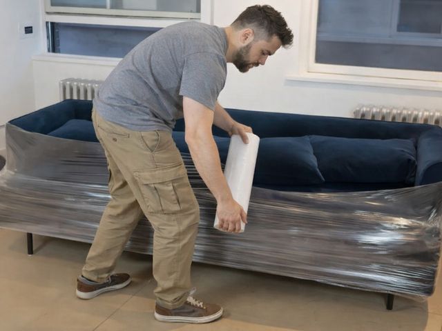 Crew wrapping couch for hoisting