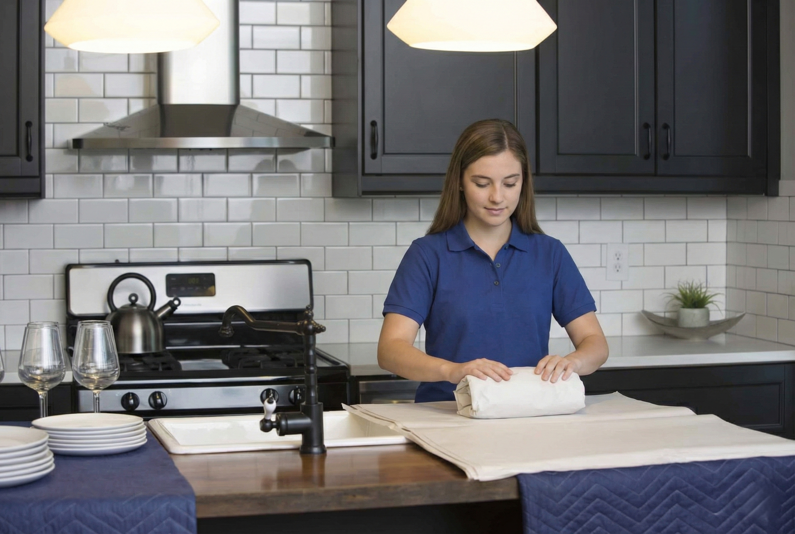 An Next Phase Moving mover smiling as she carefully packs items.